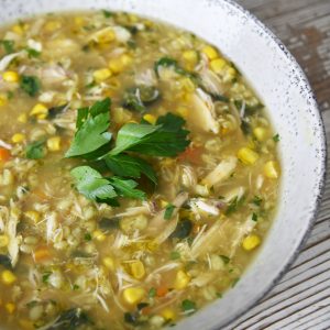 Chicken broth soup, pearl barley, corn (2 Serves)