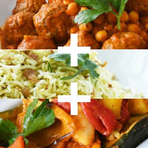 Moroccan Lamb Meatballs + Basmati rice + Roasted Vegetables (2 Serves)